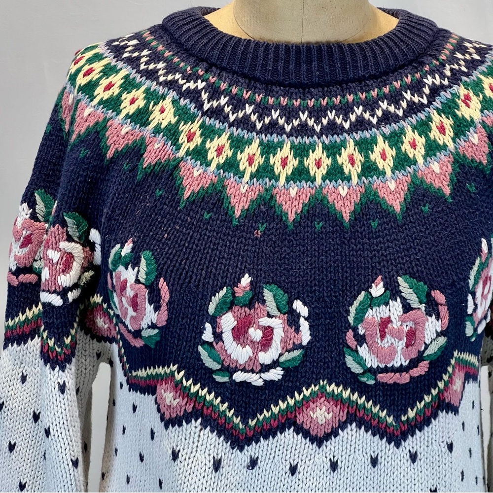 VINTAGE 80s rose floral embroidered‎ fair isle knit sweater cottagecore feminine - Picture 3 of 16